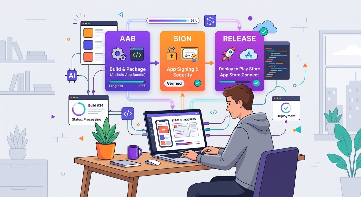 Illustration of a developer using CatDoes to build and release a mobile app, with UI panels for AAB, Sign, and Release.