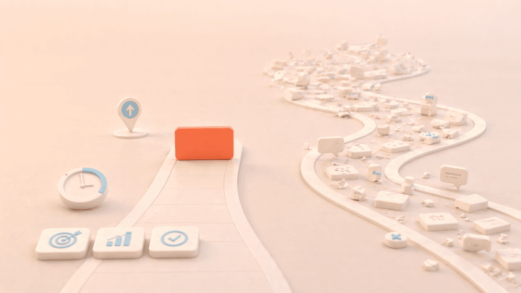 Minimalistische 3D-Illustration einer korallfarbenen Fokuskarte auf einem kurzen, klaren Pfad mit geordneten Ergebnis- und Fortschrittssymbolen, während daneben ein längerer, gewundener Weg mit verstreuten Aufgabenfragmenten und unruhigen Elementen ineffiziente, beschäftigte Arbeit darstellt.