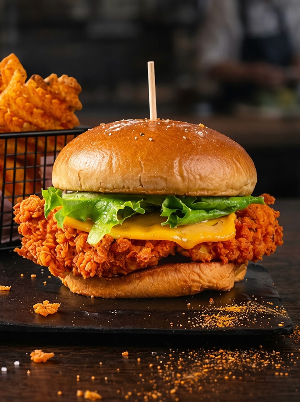 A beautifully plated dish featuring shrimp, colorful vegetables, and garnishes, set in a modern restaurant.