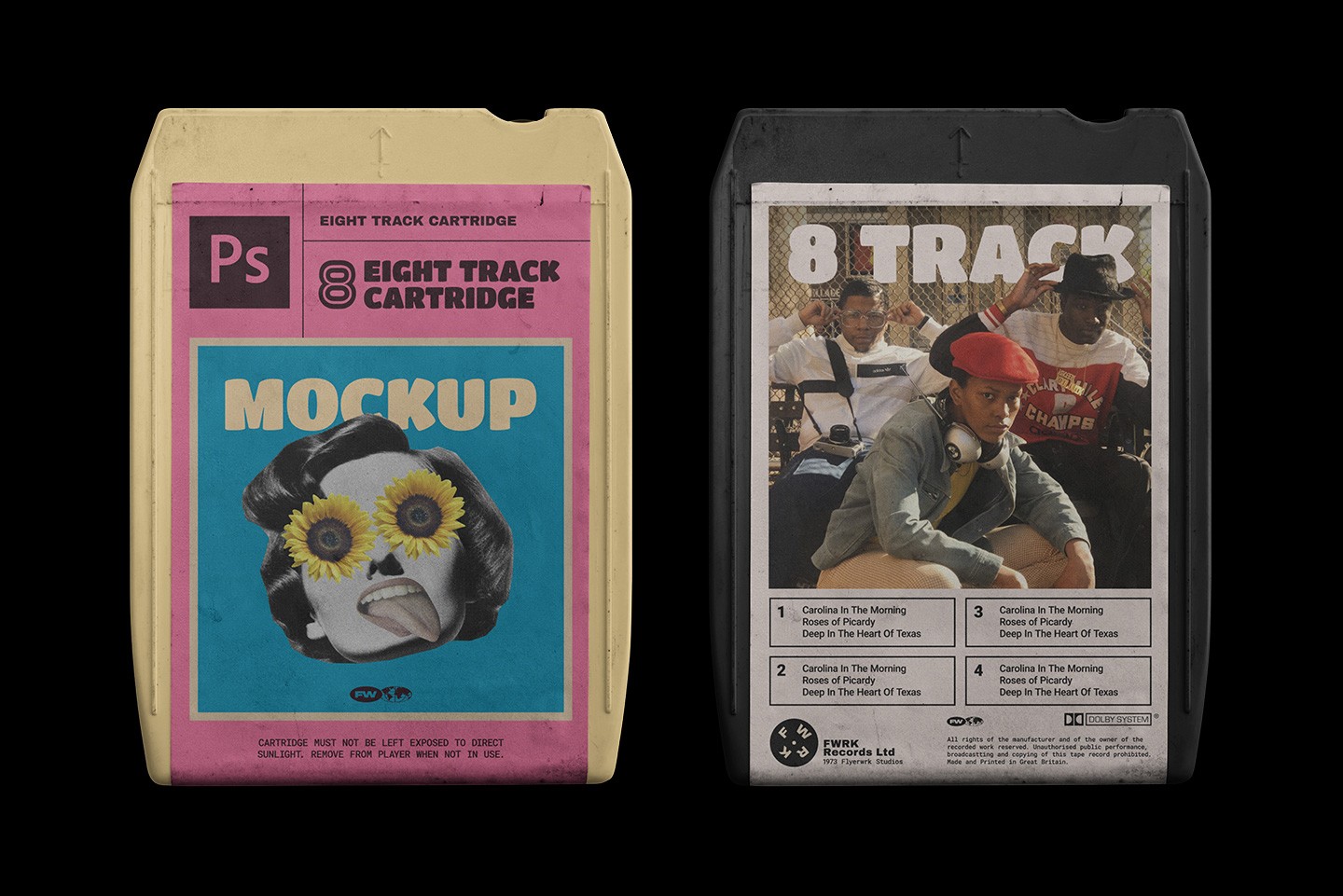 8-Track Cartridge Mockup showing front and back views of authentically worn vintage tape shells