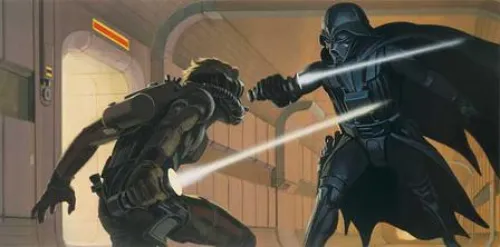 Ralph McQuarrie concept art of Luke Skywalker and Darth Vader holding lightsabers