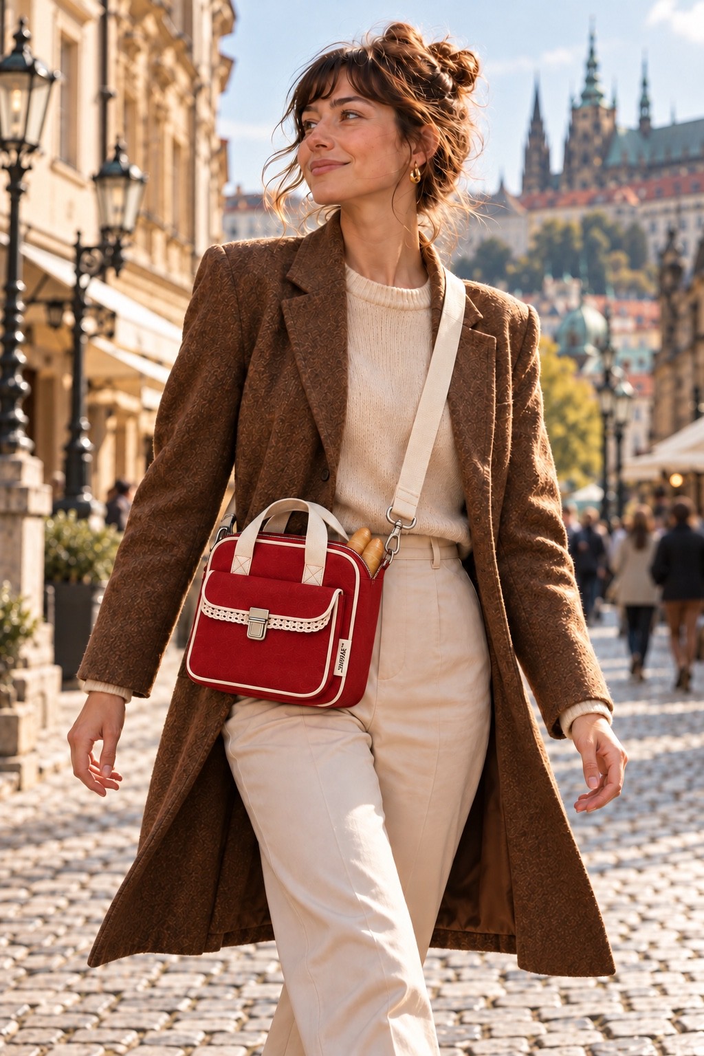 Žena v Praze s červenou taškou SMAŽÁK Rohlík Bag a krémovým popruhem.
