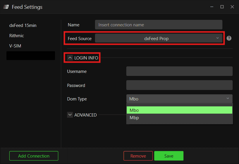 dxFeed Prop DOM Type selection