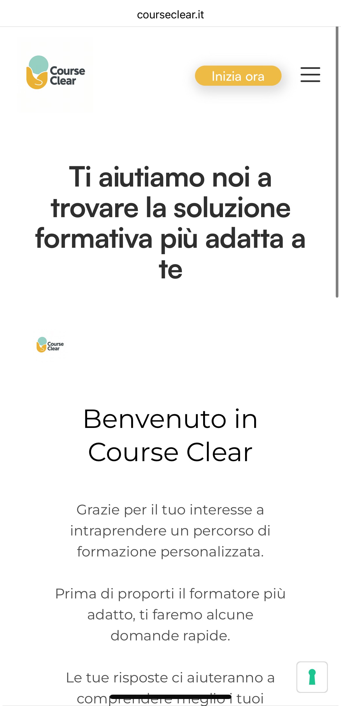 Interfaccia mobile del sito Course Clear che mostra il messaggio di benvenuto e l’avvio del questionario per trovare la soluzione formativa più adatta all’utente.