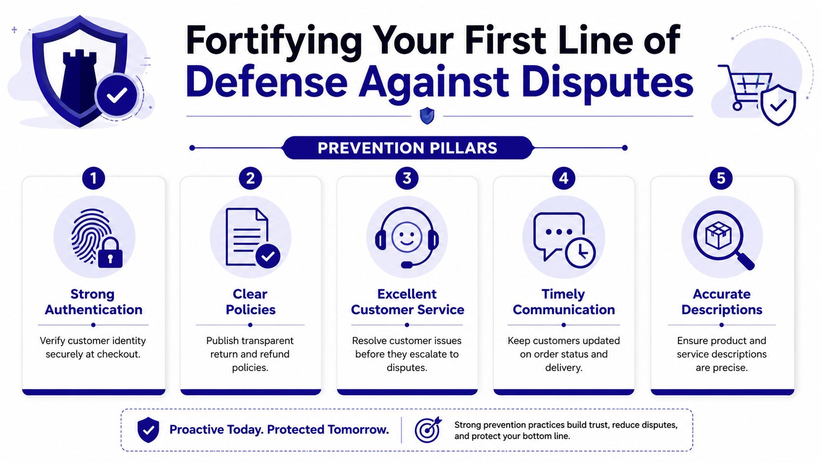 A five-step guide infographic for businesses illustrating strategies to prevent payment disputes and chargebacks effectively.