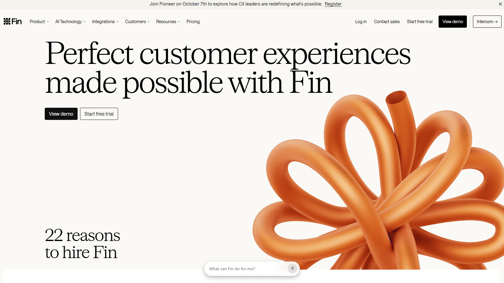 Fin homepage showing the “Perfect customer experiences made possible with Fin” headline and an orange loop graphic