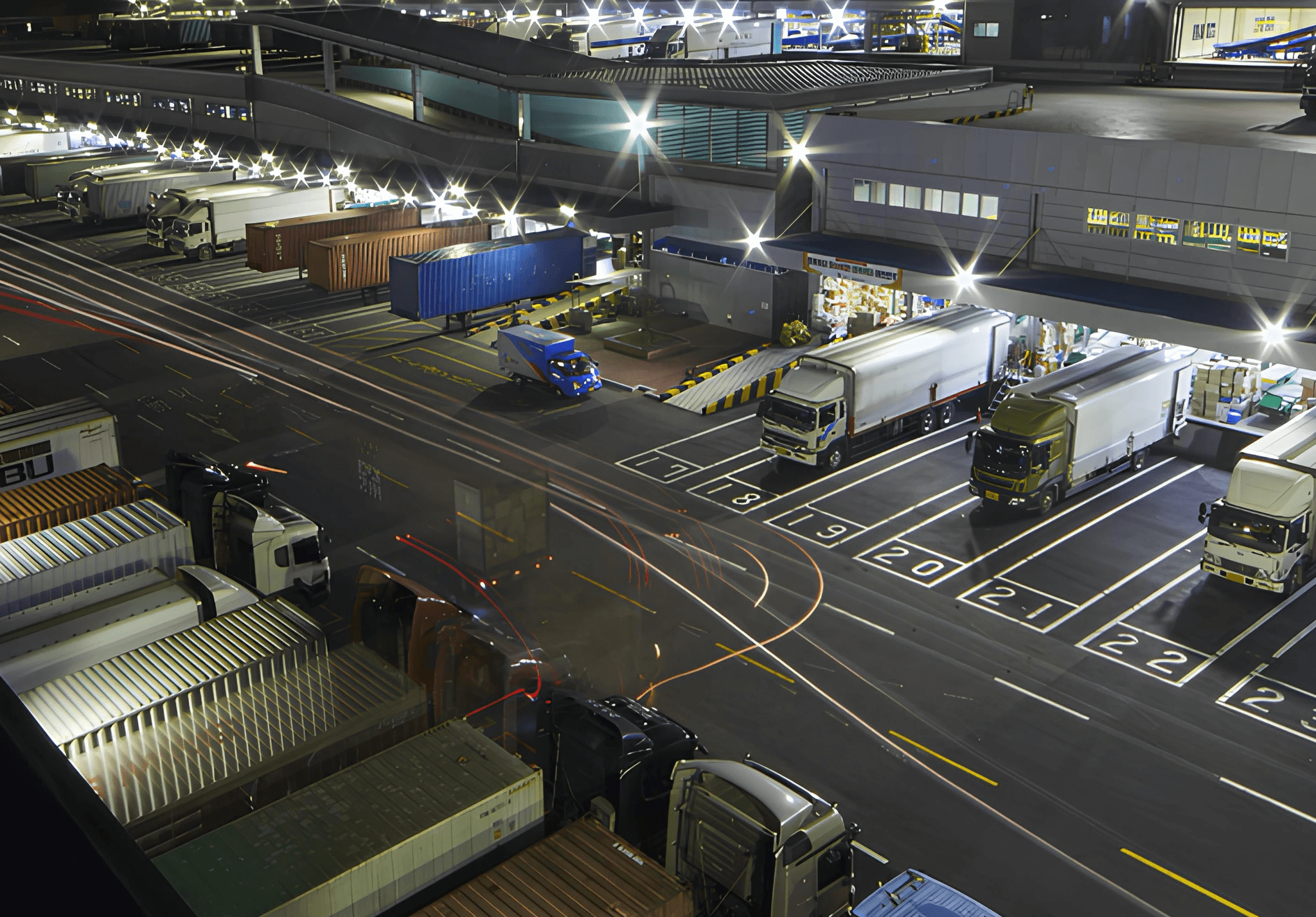 CJ대한통운 더 운반의 물류 터미널 야간 전경으로, 대형 운송 차량 여러 대가 조명이 밝혀진 하역장에 정차 및 이동하고 있습니다. 전국 인프라와 95년 노하우를 바탕으로 안정적인 배차와 운임 효율을 보장한다는 문구가 하단에 표시되어 있습니다.