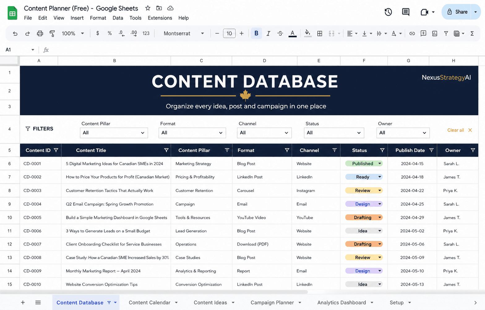 Cherry Maple Content Database Excel worksheet.