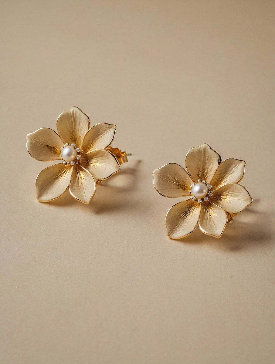Elegant gold floral earrings with textured petals, pearl centers, and sparkling accents, perfect for adding a touch of sophistication.