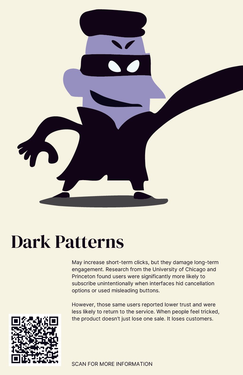 poster with a rob character titled dark patterns