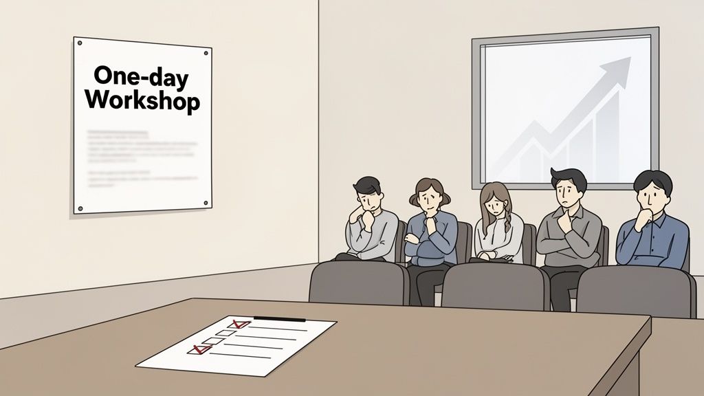 Bored employees attend a one-day workshop, showing disinterest in skill development.