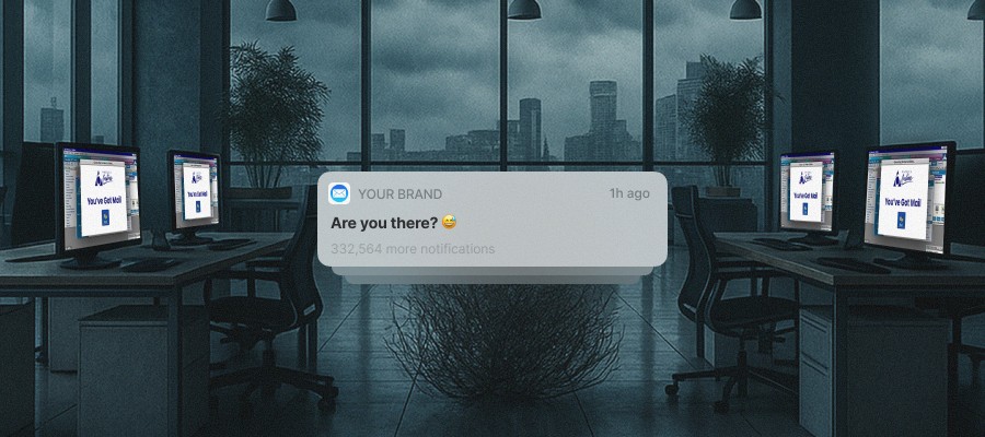 Empty Amazon-style office with abandoned desks and a phone notification saying “Are you there?” implying brands can no longer reach their 1P retail managers.