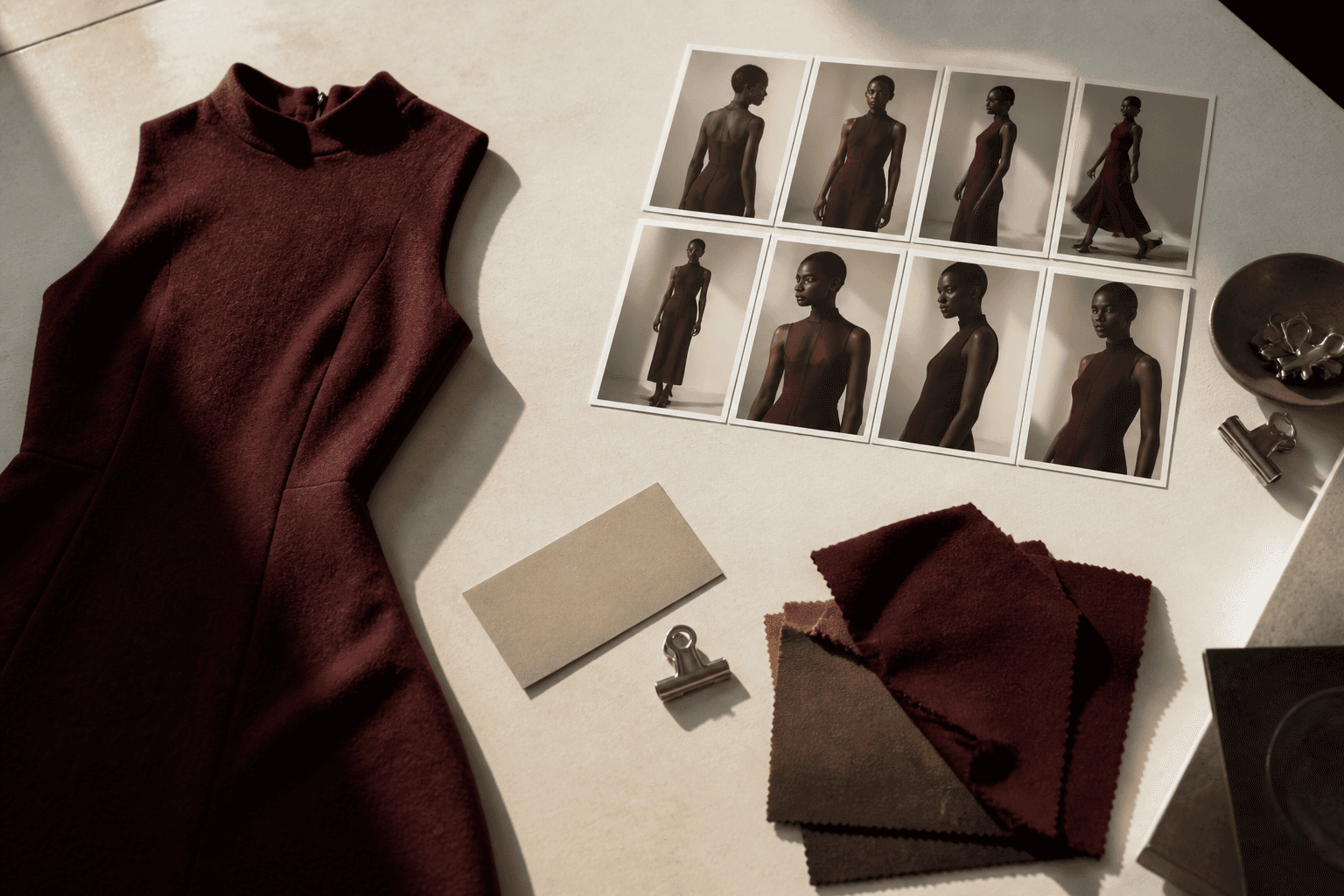 Oxblood garment, material references, and restrained contact sheet on a warm ivory production table
