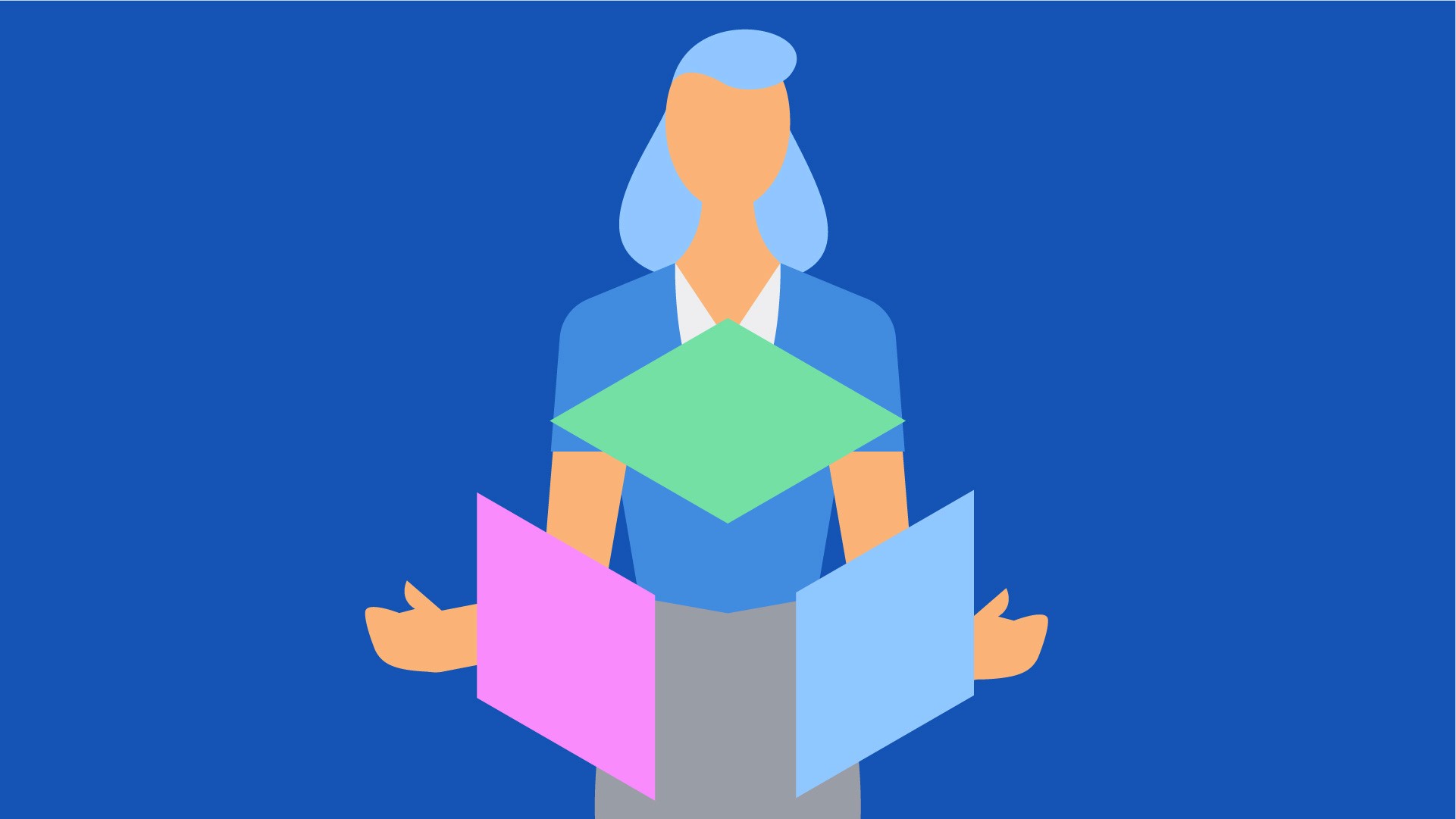 Illustration of simplified character holding three shapes that will form a cube when they shape together.