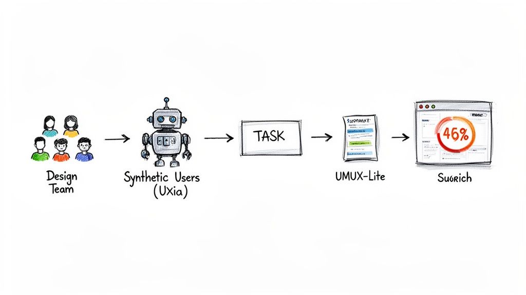 A workflow diagram illustrates a design team, synthetic users (UXia), a task, UMUX-Lite, and Suqrich results.