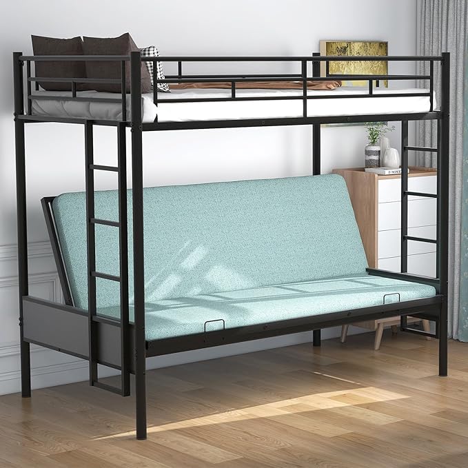 The black metal futon bunk bed offers a sleek and contemporary look, ideal for productivity.