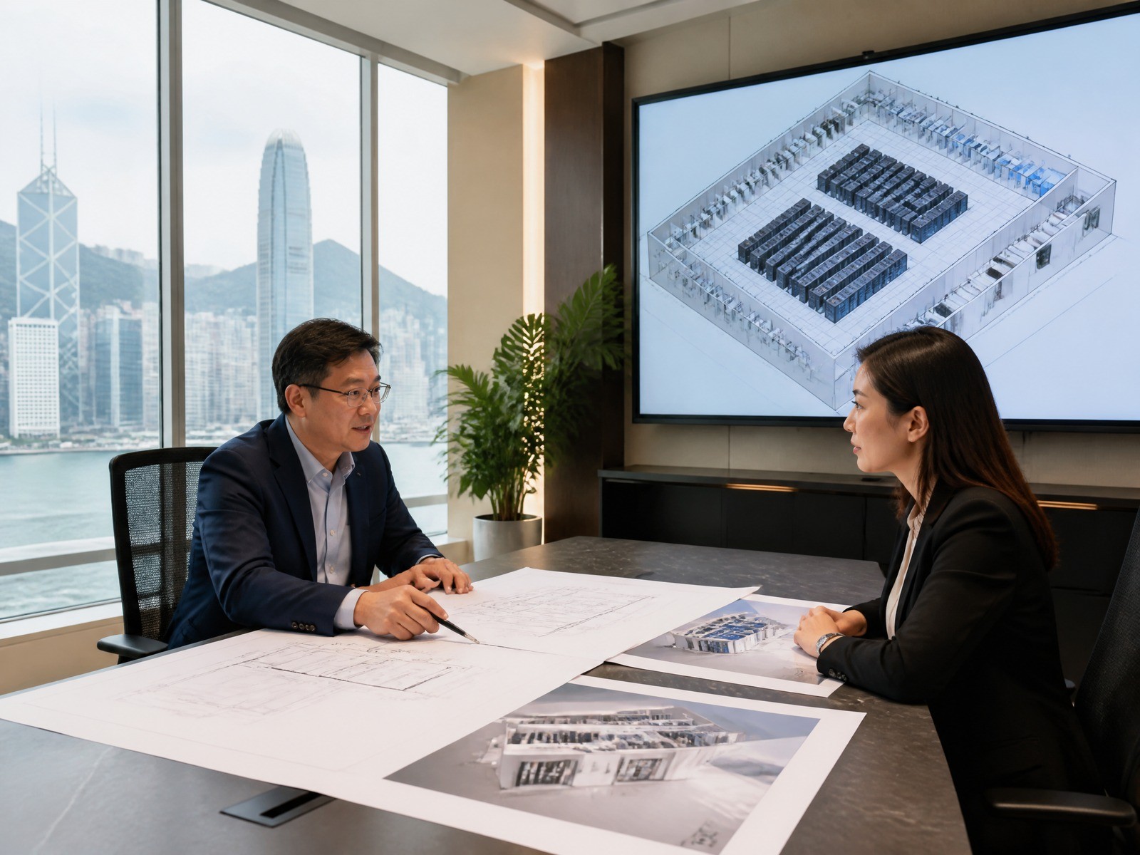 香港無塵車間工程專家在辦公室討論數據中心佈局,屏幕展示機房淨化工程及氣流規劃立體模型。