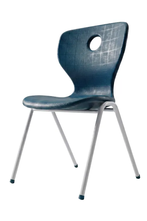 Blue plastic school chair angle view with metal frame