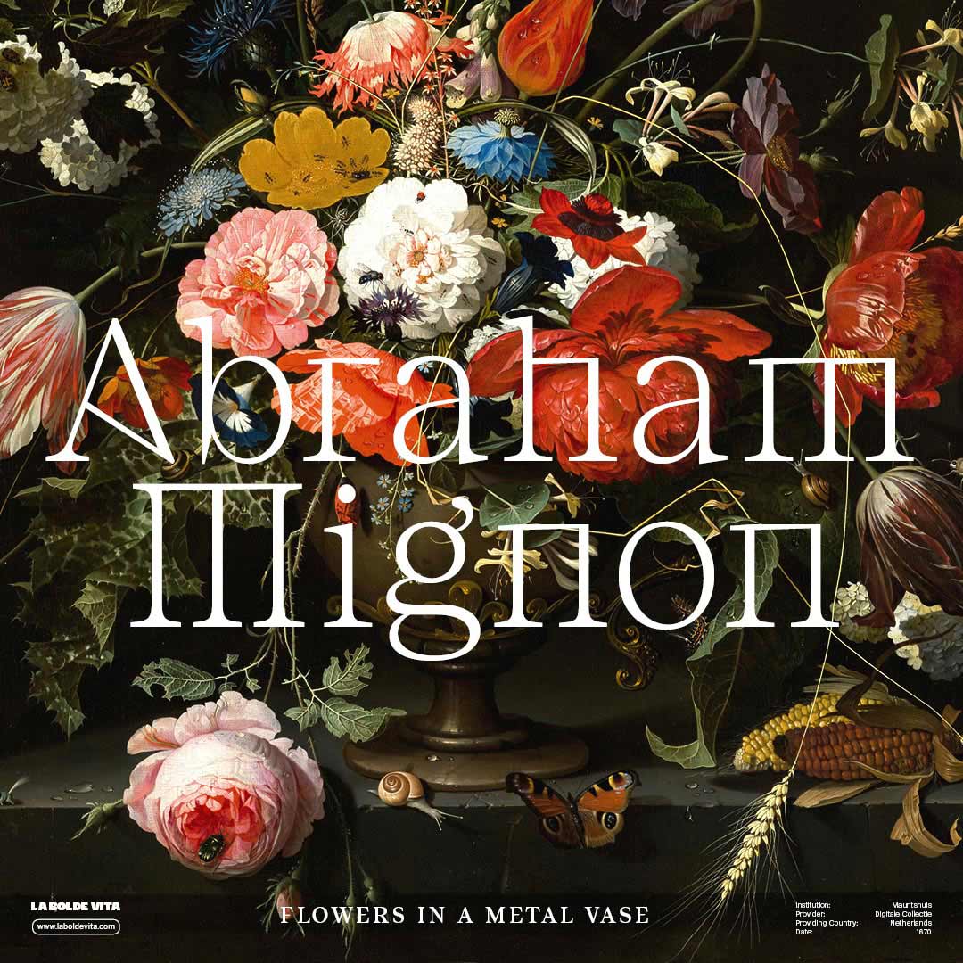 a colorful classical artwork showing flowers in a vase in the background with an artistic type set in Residenz Serif above