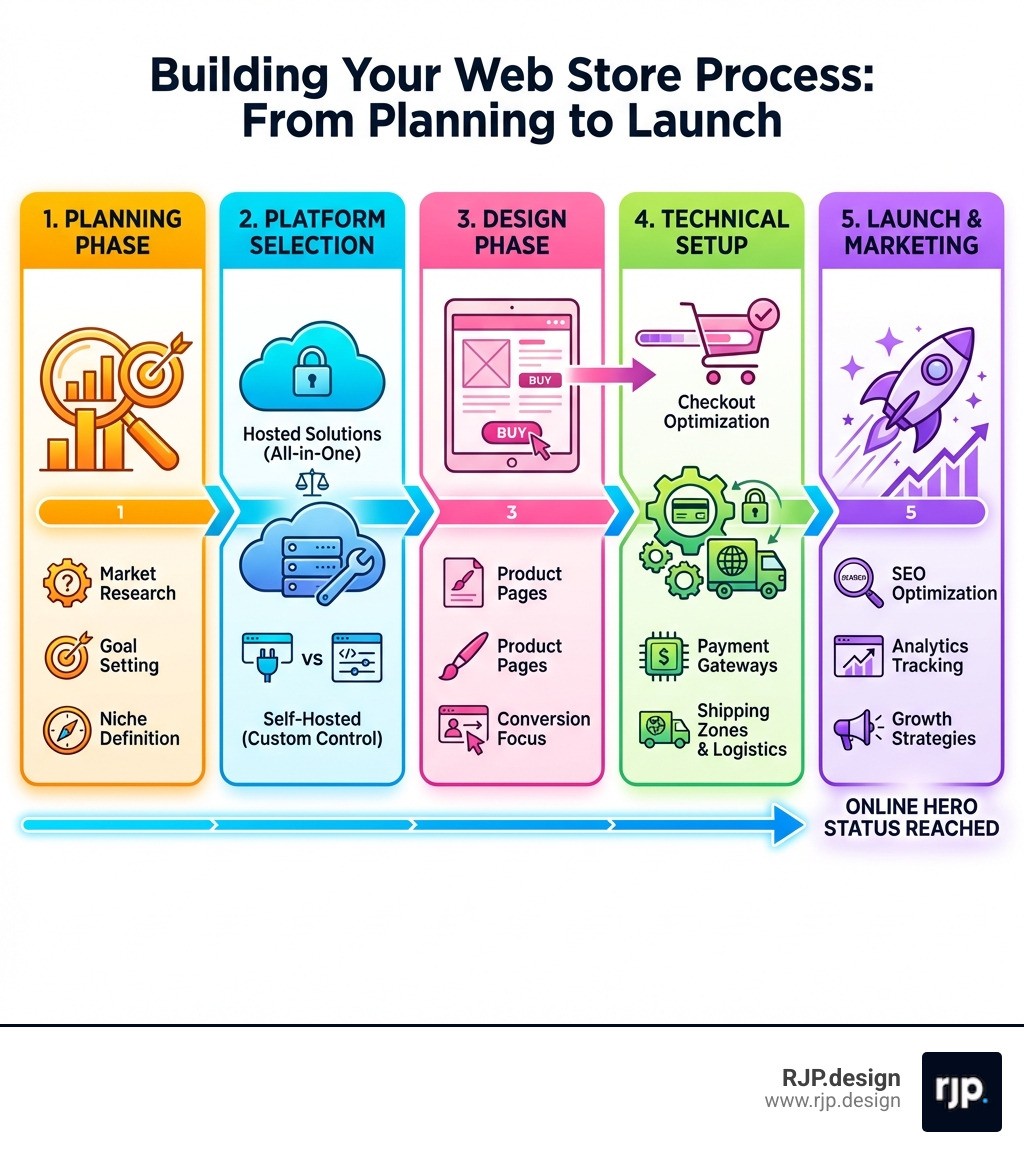 Infographic showing the complete web store building process: 1) Planning phase with market research and goal setting, 2) Platform selection comparing hosted vs self-hosted solutions, 3) Design phase with product pages and checkout optimization, 4) Technical setup including payment gateways and shipping zones, 5) Launch and marketing with SEO and analytics tracking - build a web store infographic