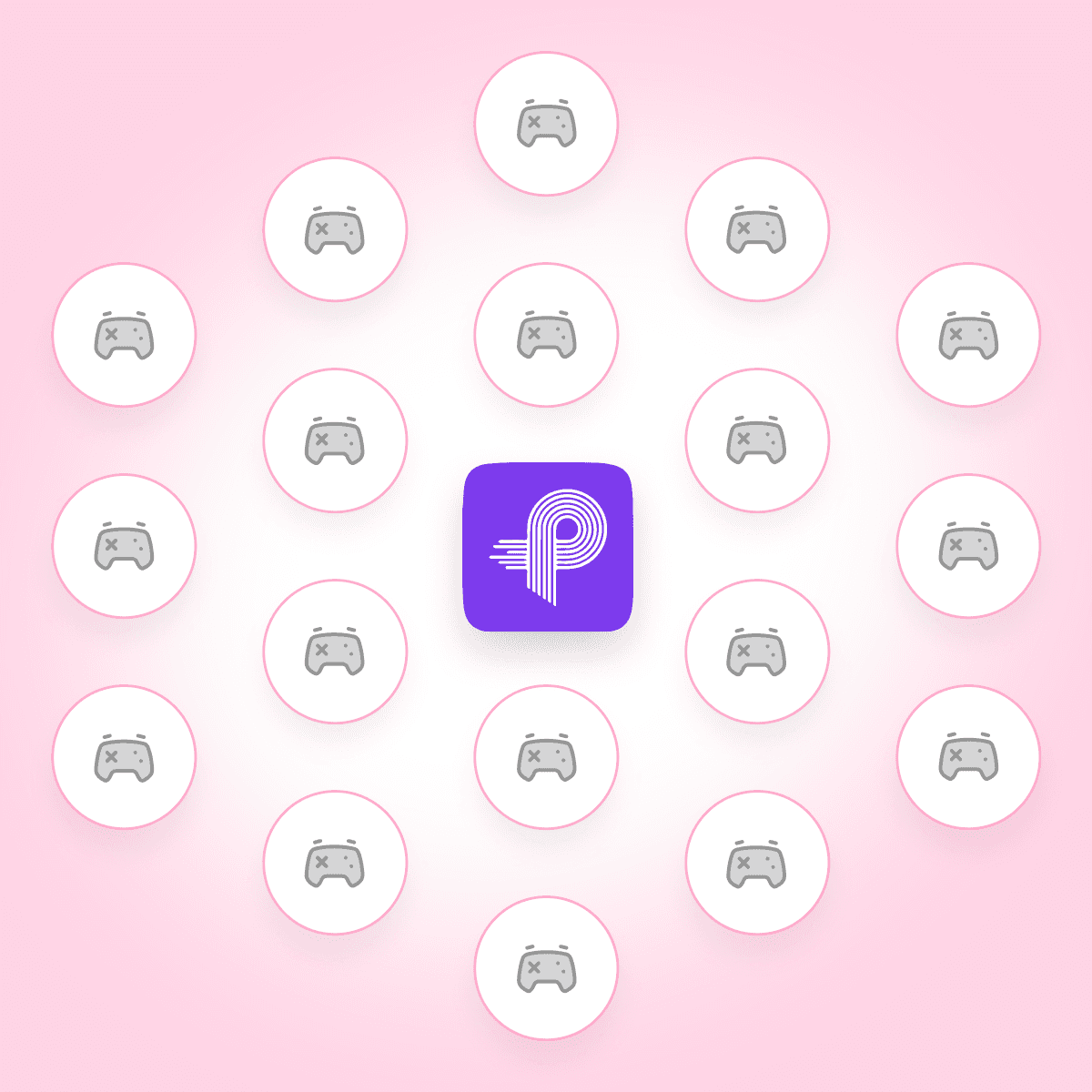 PlaySuper logo surrounded by game controller icons representing global gaming network