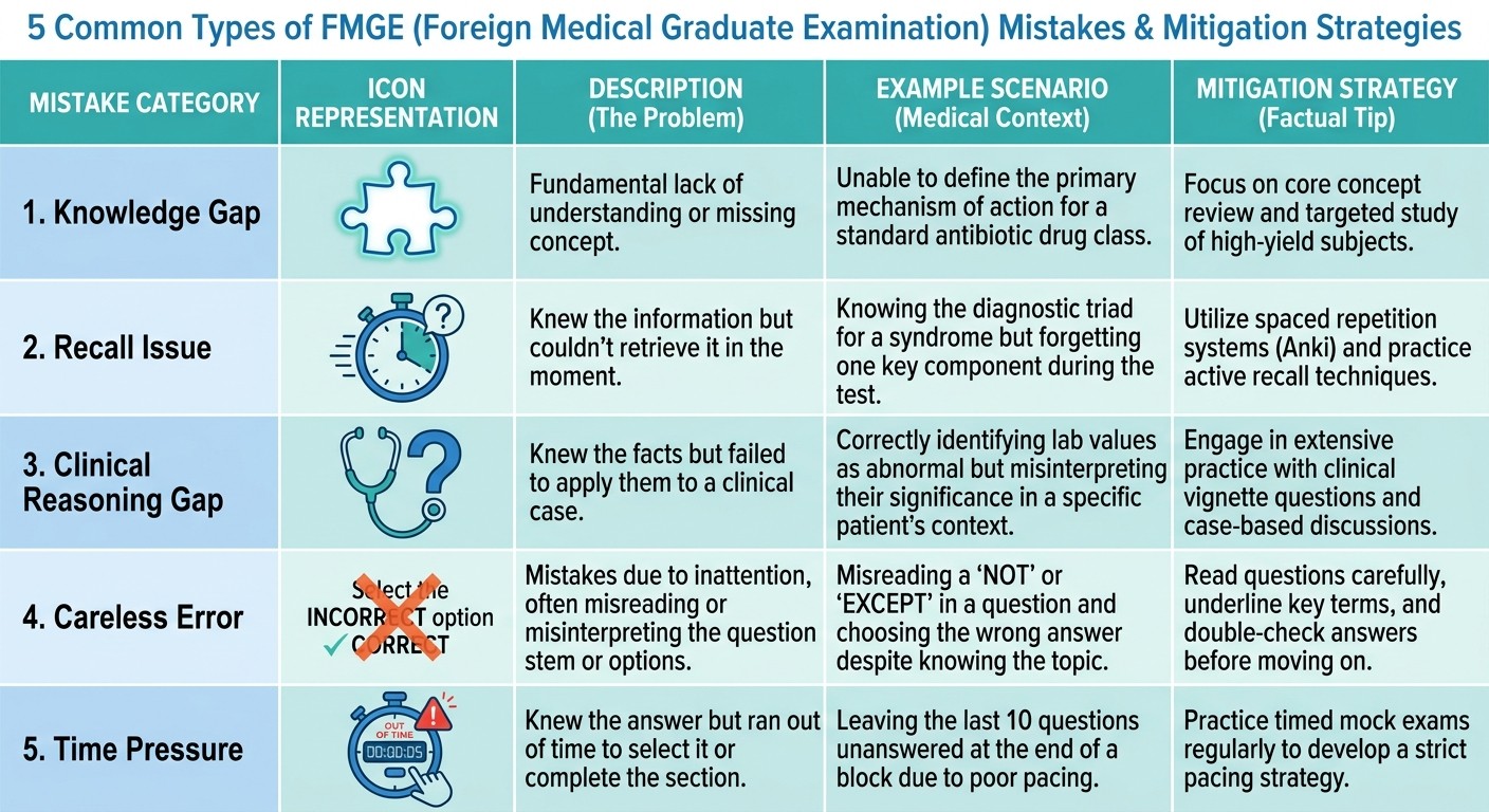 FMGE Error Classification Chart - Five types of mistakes with examples and fixes
