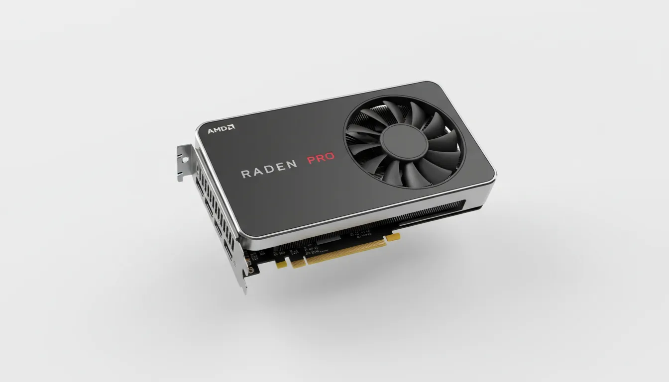 3D product render of a professional AMD Radeon Pro W7800 graphics card, angled high-angle view on a seamless infinity white background. The GPU features a minimalist matte black casing with clean silver accents and a single blower-style fan. Soft global illumination casts a subtle floating shadow. Blender style, hyper-realistic, clean product visualization.