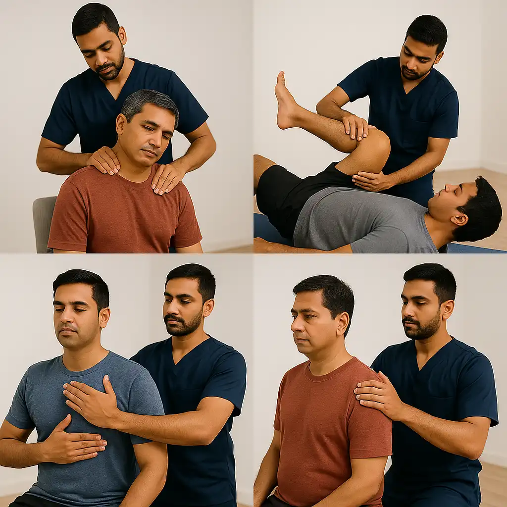 A physiotherapist gently massaging a man’s neck and shoulder muscles to relieve stress-related muscle tension.