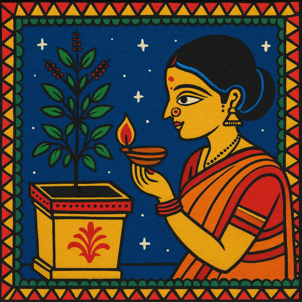 Indian woman lighting Diya in front of Tulsi in the courtyard
