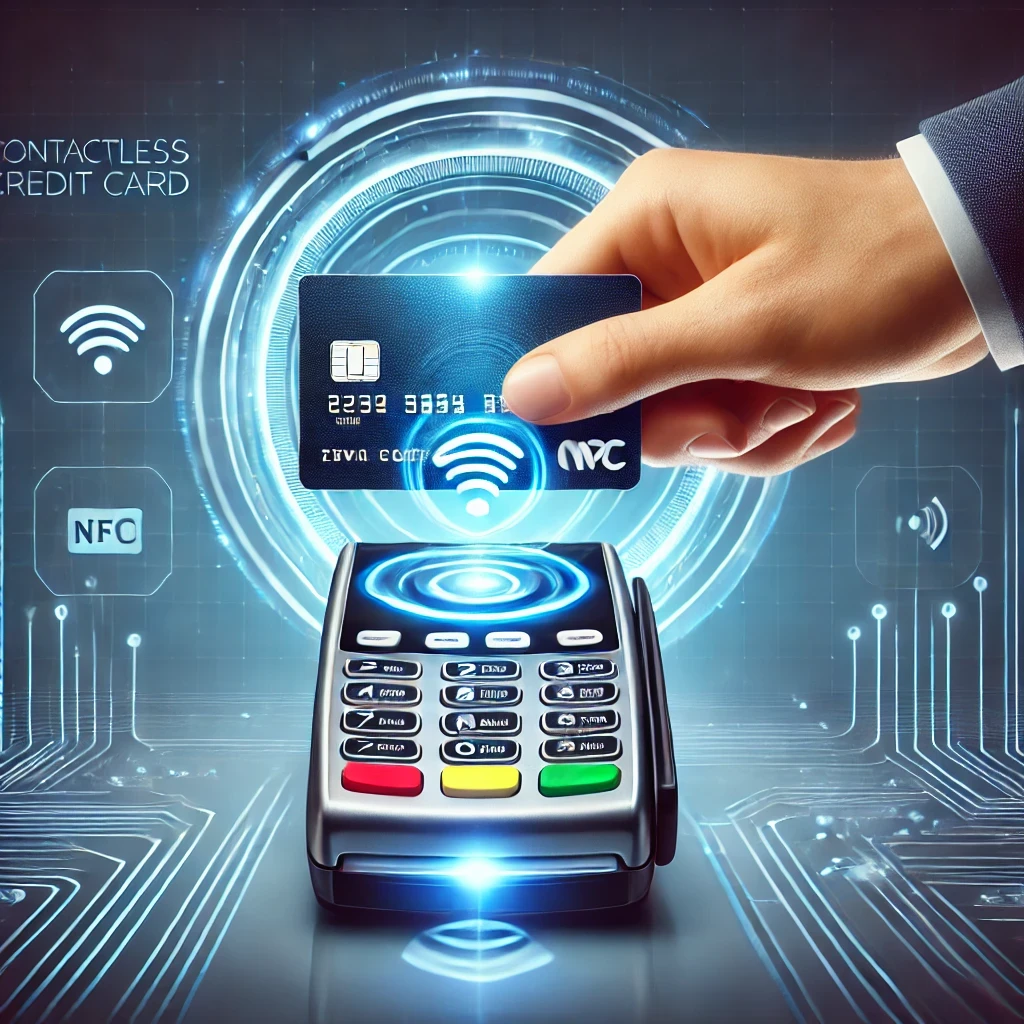 A modern illustration of contactless EMV payments, featuring a hand holding a credit card hovering over a sleek payment terminal with a glowing NFC icon. The background is futuristic and minimalistic, with subtle digital wave and circuit design elements, predominantly in blue and silver tones, symbolizing security, trust, and technological innovation.