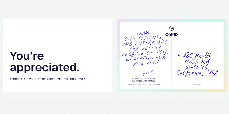 postcard with a note written to a healthcare professional team about how much they are appreciated.
