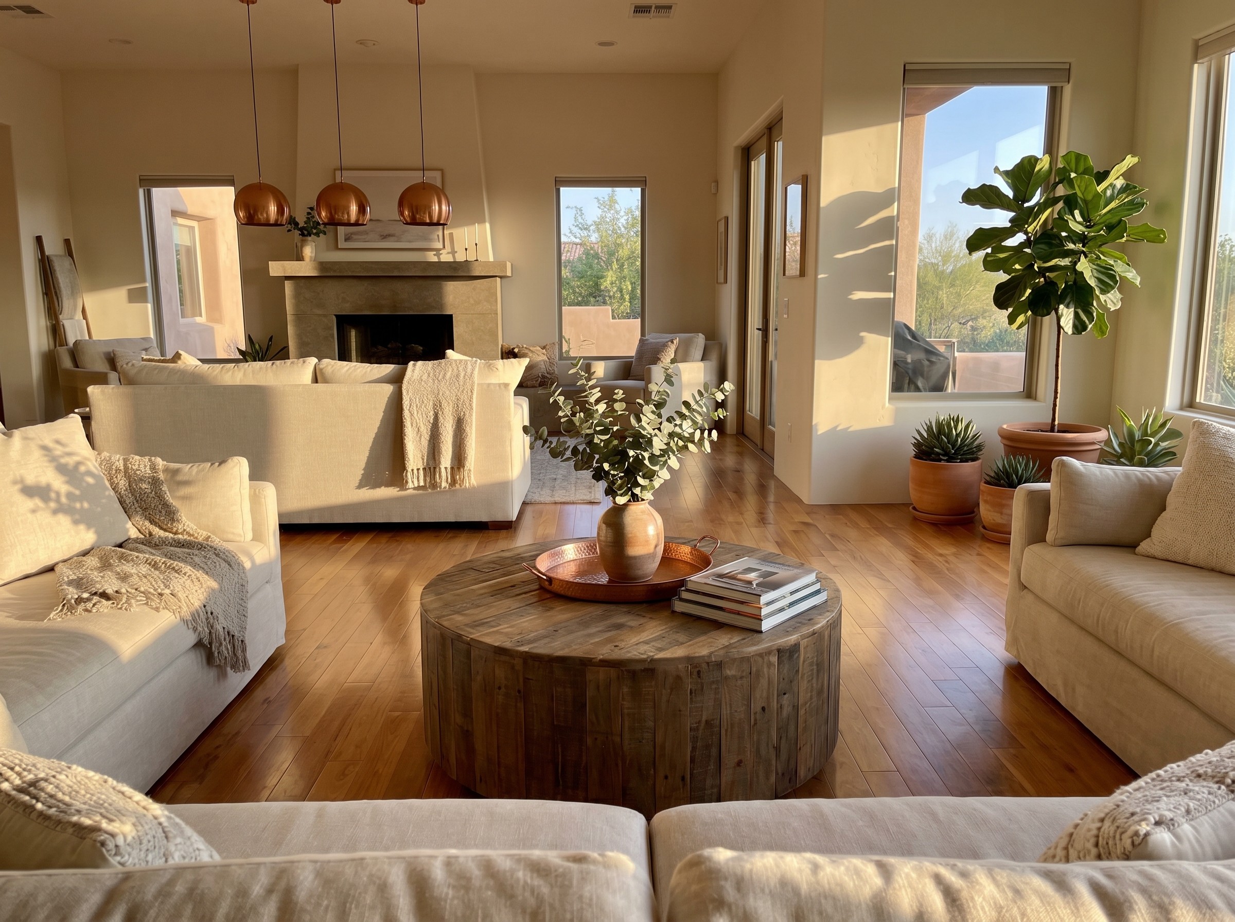 Stone fireplace lounge with guests socialising in warm lighting