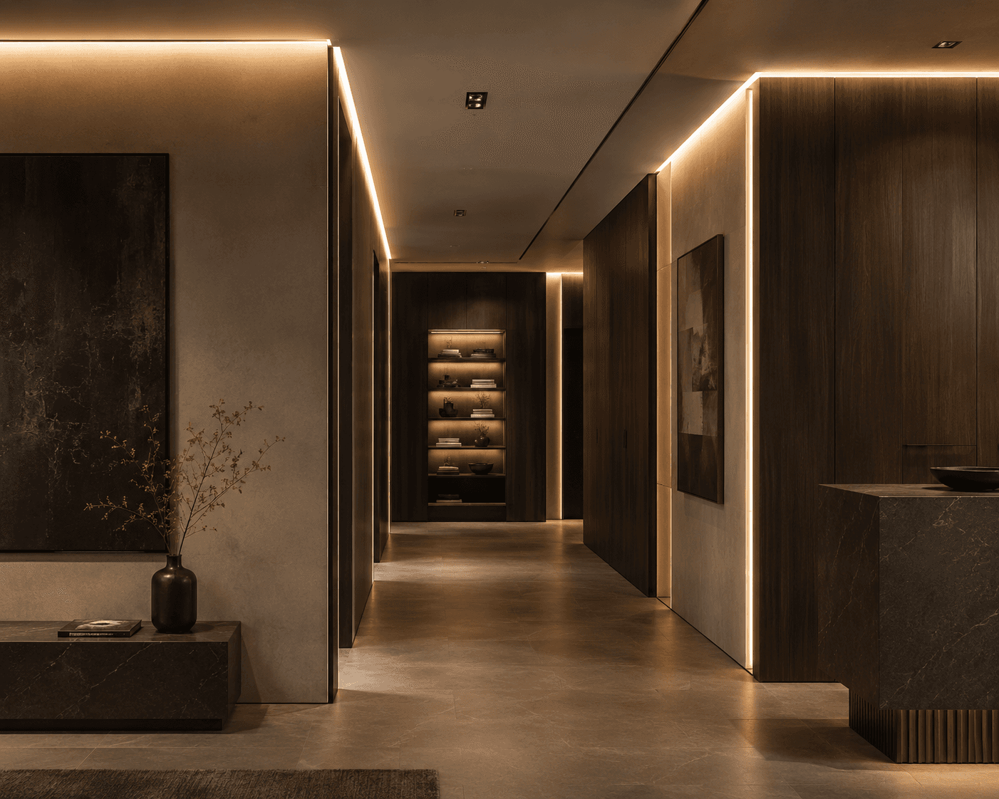 Architectural wood wall panelling with integrated linear lighting in a contemporary hallway