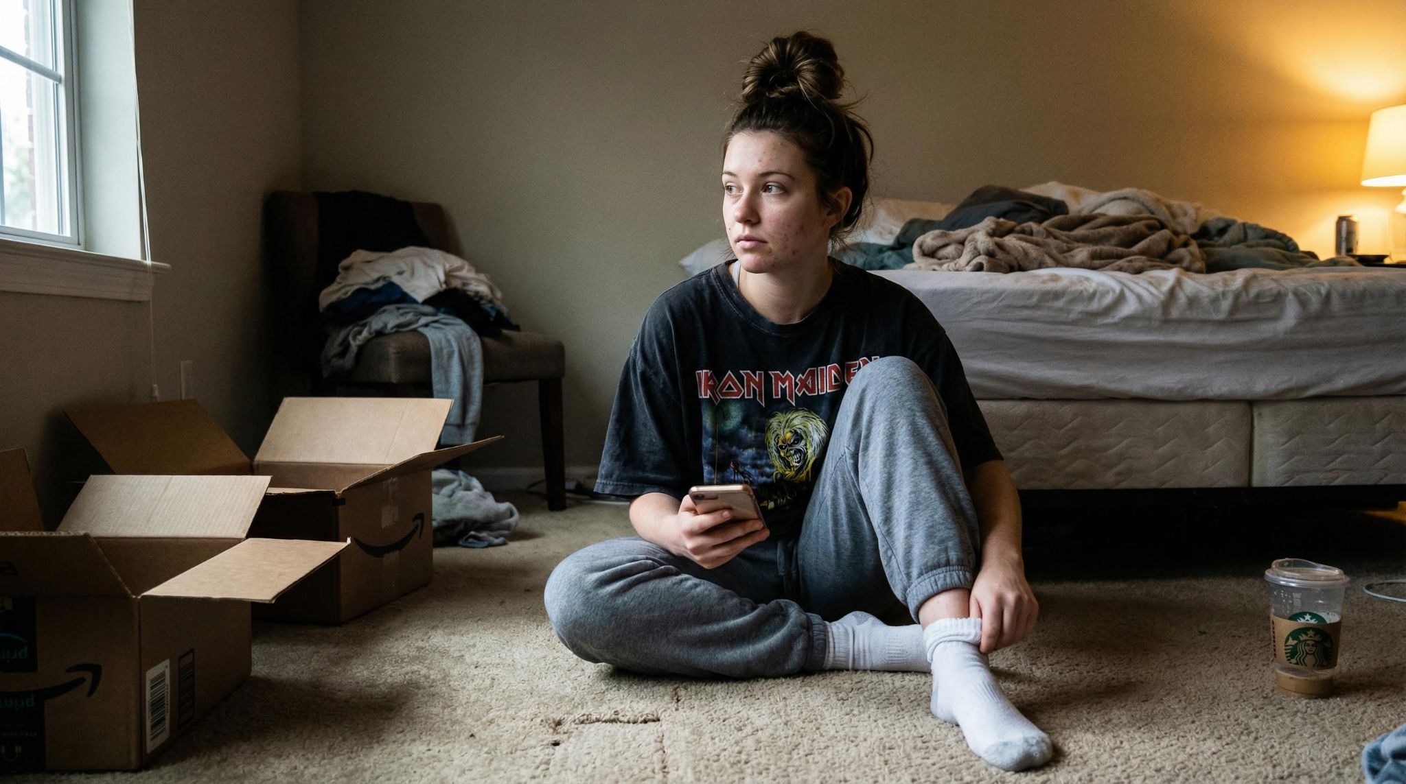 A candid vertical smartphone photo of a tired young woman sitting on the beige carpet of a messy bedroom. She has a messy high bun hairstyle, no makeup, visible acne and realistic skin texture. She is wearing an oversized vintage "Iron Maiden" graphic t-shirt and baggy grey sweatpants. She is holding an iPhone in one hand and pulling up her white sock with the other, looking away with a dazed expression. The room is cluttered with open cardboard shipping boxes, a pile of laundry on a chair, and a Starbucks coffee cup on the floor. An unmade bed is in the background. Mixed lighting: natural window light from left and a warm bedside lamp on the right. High noise, amateur shot, authentic vibe.