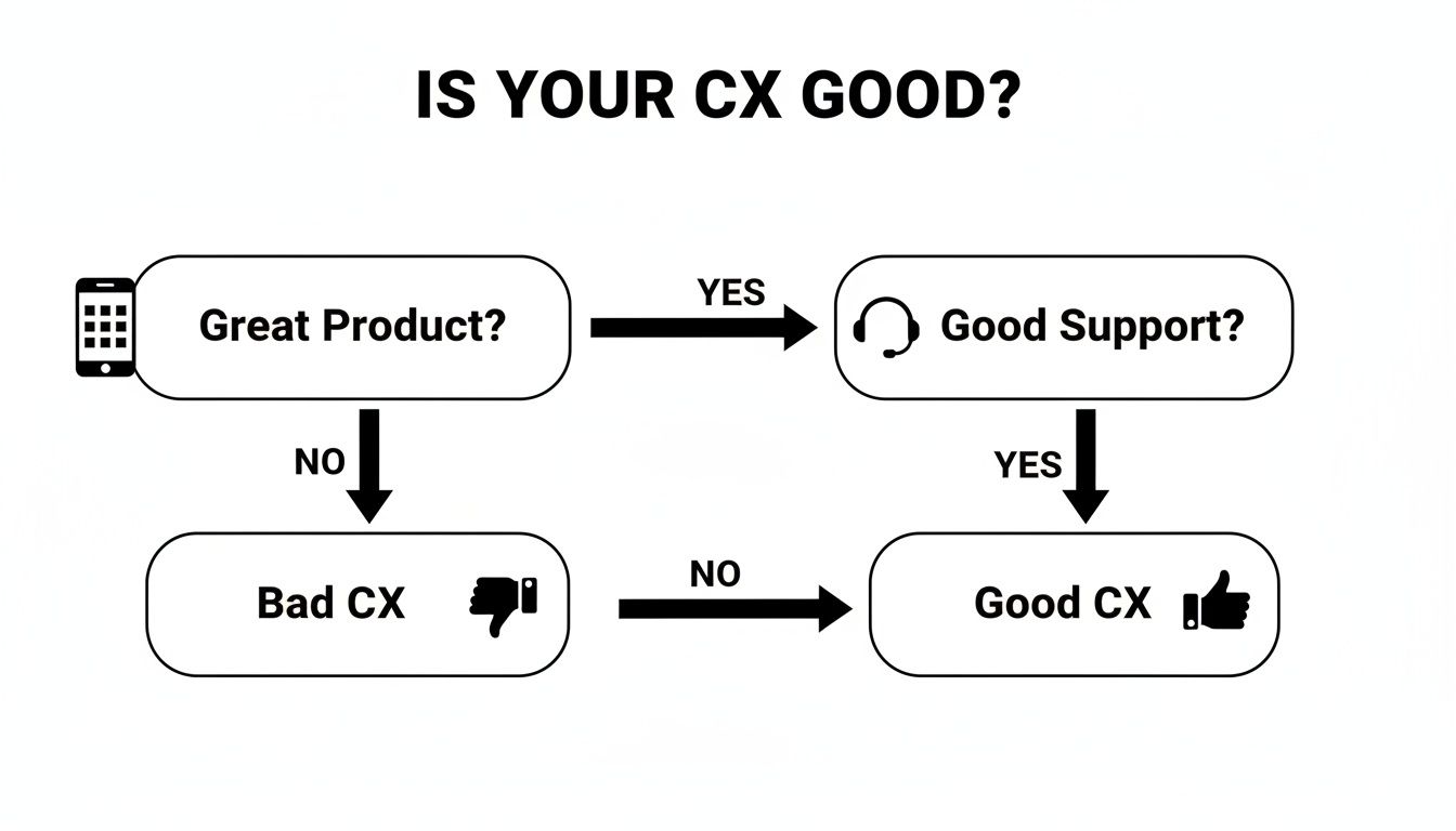 A flowchart asking if your customer experience is good, based on product and support quality.
