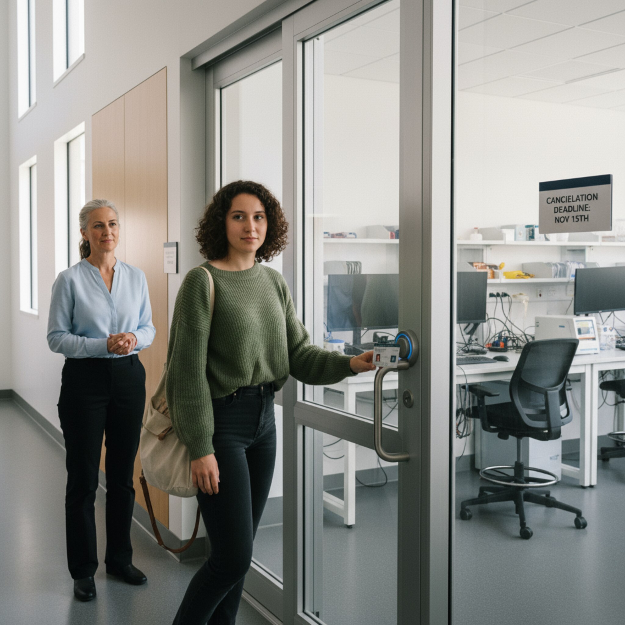 Ein Student hält seinen Campusausweis an einen Kartenleser neben einer Labortür, die sich öffnet. Eine Betreuerin nickt zustimmend, während im Hintergrund freie Plätze sichtbar sind. Ein kleiner Aushang nennt die Stornofrist. Die Szene zeigt reibungslosen Zutritt und klare Regeln.