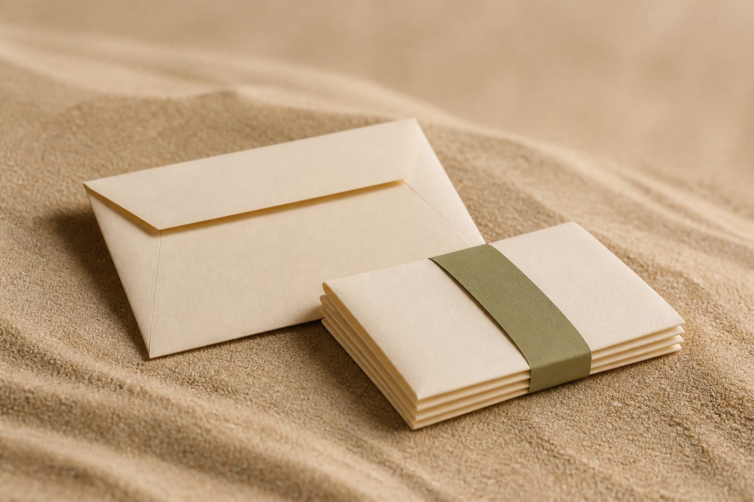 A cream envelope beside folded documents bound with a slim olive band