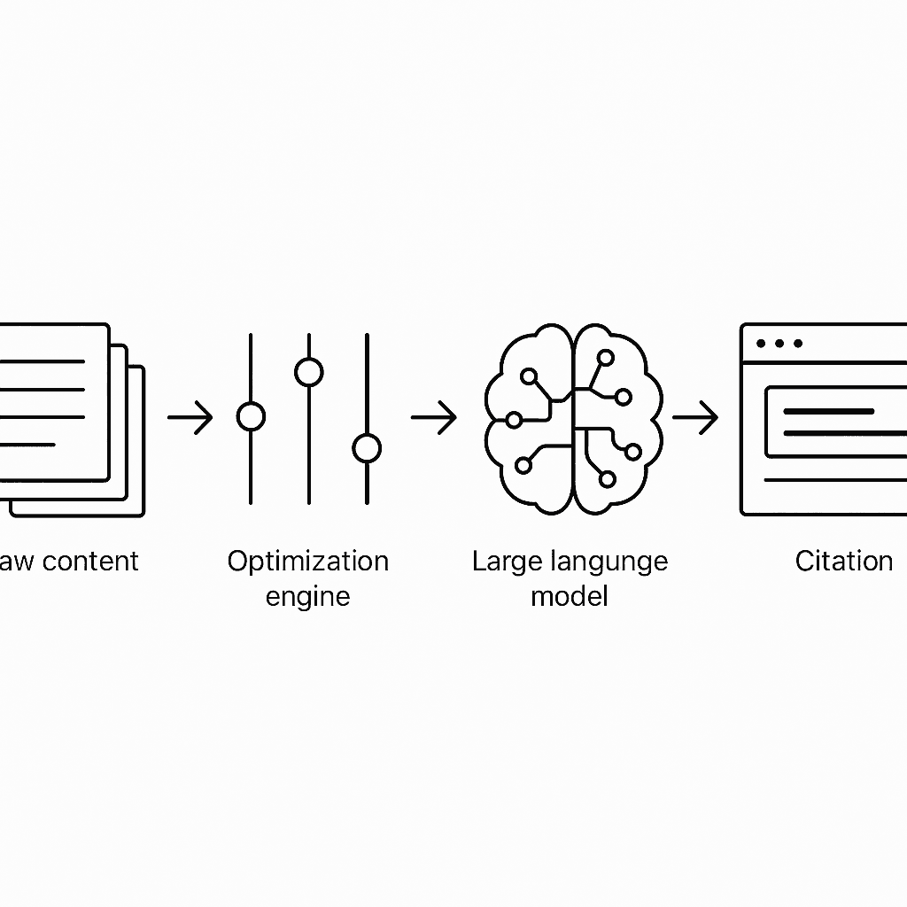 Flow diagram of content moving through optimization into an LLM and emerging in AI search with citation