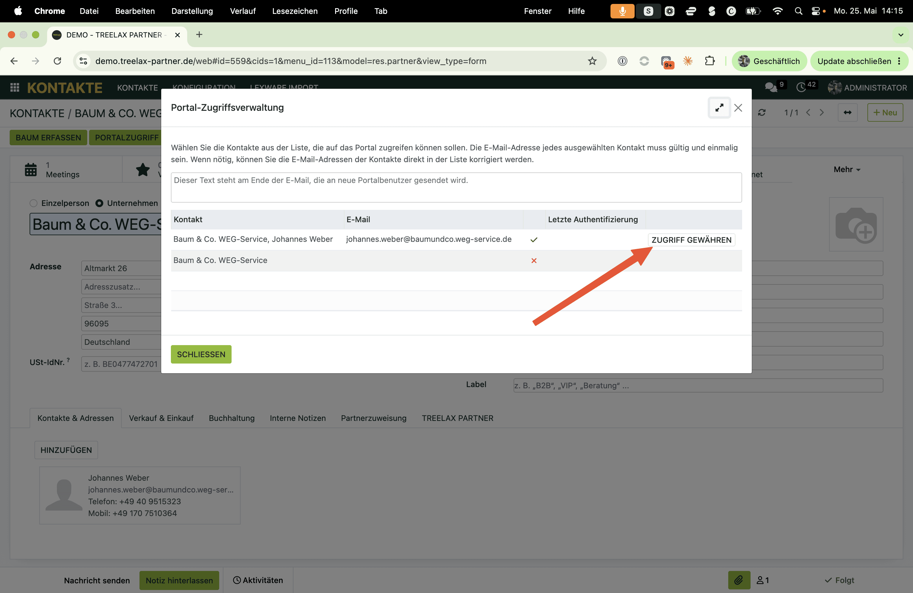 Schritt 3: Im Dialog „Portal-Zugriffsverwaltung“ gibst du jede E-Mail-Adresse einzeln frei.