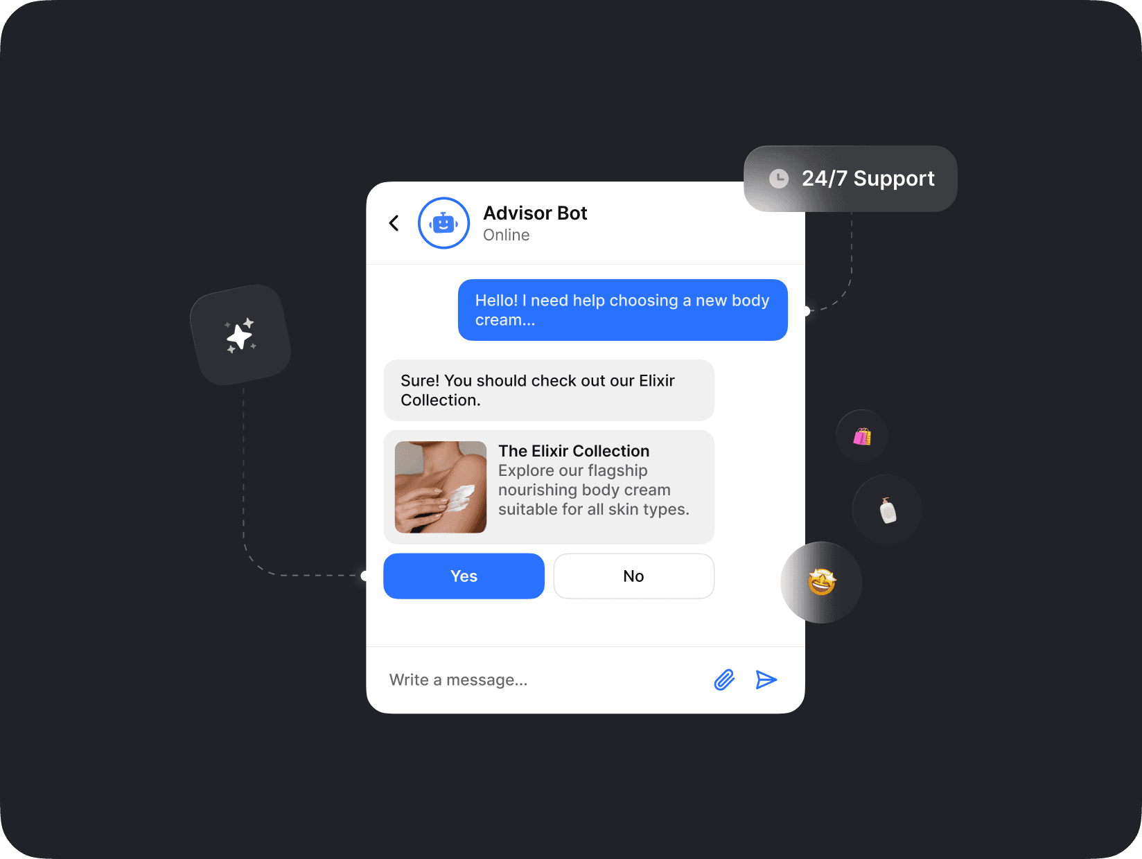 UI of 24 hour support automating customer questions