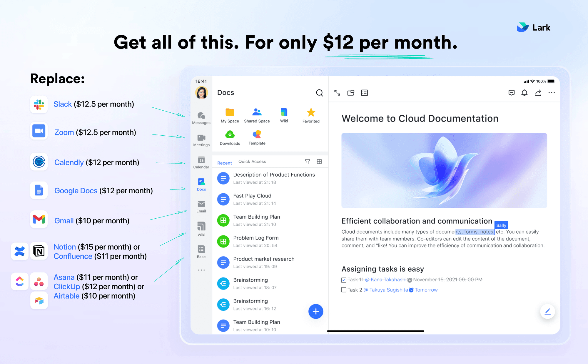 Lark offers a cost-effective alternative for enterprise search software by consolidating multiple tools into one platform, reducing overall tech stack expenses while meeting work needs with a single monthly payment.