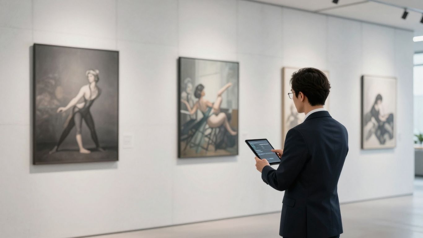 A professional assessing digital engagement metrics on a clean modern monitor in a bright gallery office