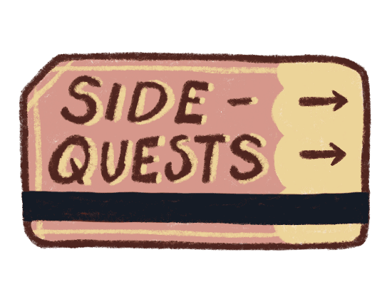 A clickable red ticket that says "sidequests" on it