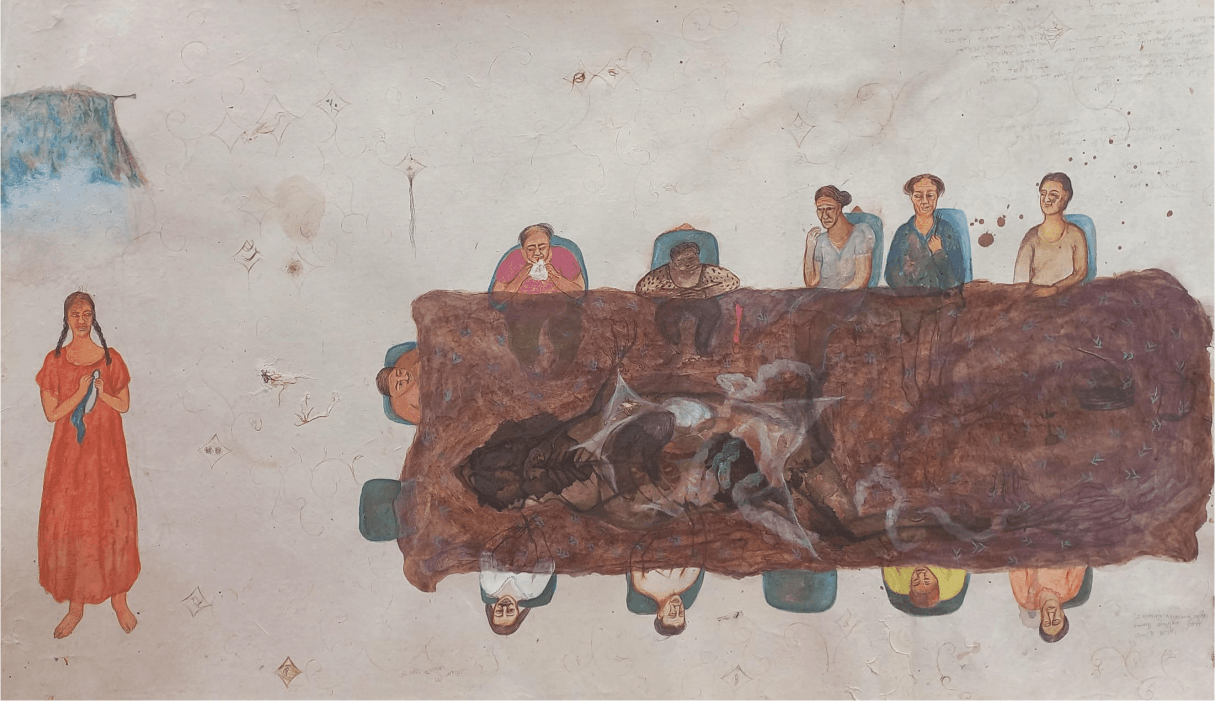 herd of sheep on road painting