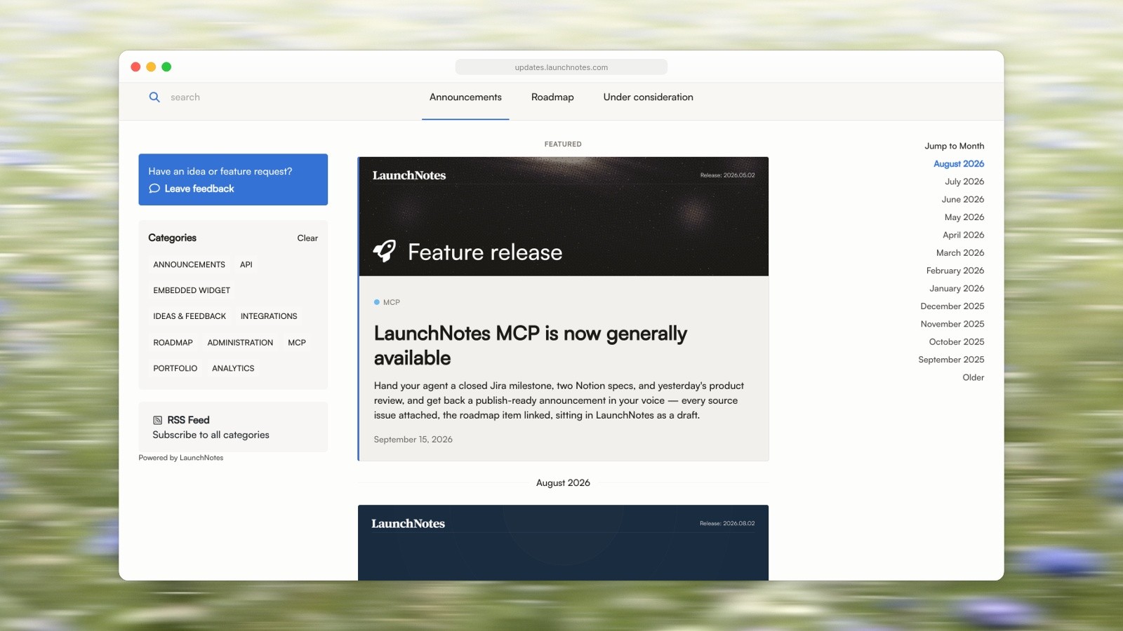 LaunchNotes' Product Updates page with a featured post titled LaunchNotes MCP is now generally available under a dark Feature release banner, dated September 15, 2026