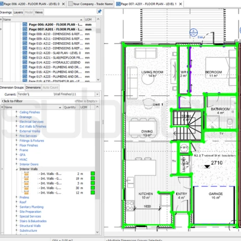 Screenshot of CostX measurement software measuring GIB Plasterboard wall linings by SubsQS Ltd