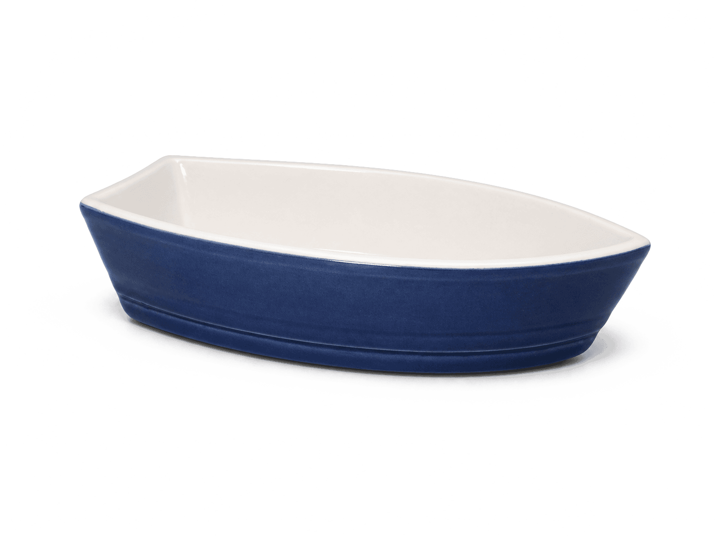 Plat en céramique en forme de barque, extérieur bleu marine et intérieur blanc
