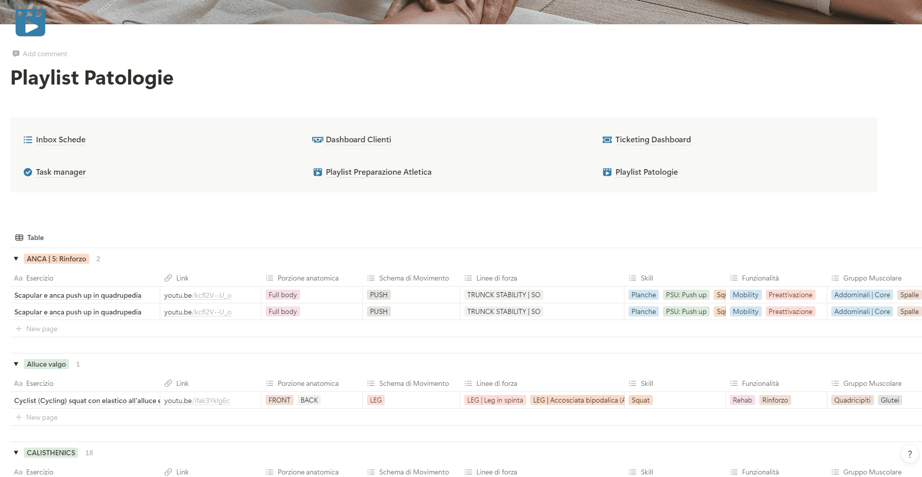 Vista del database esercizi, per mostrare le patologie e gli esercizi riabilitativi