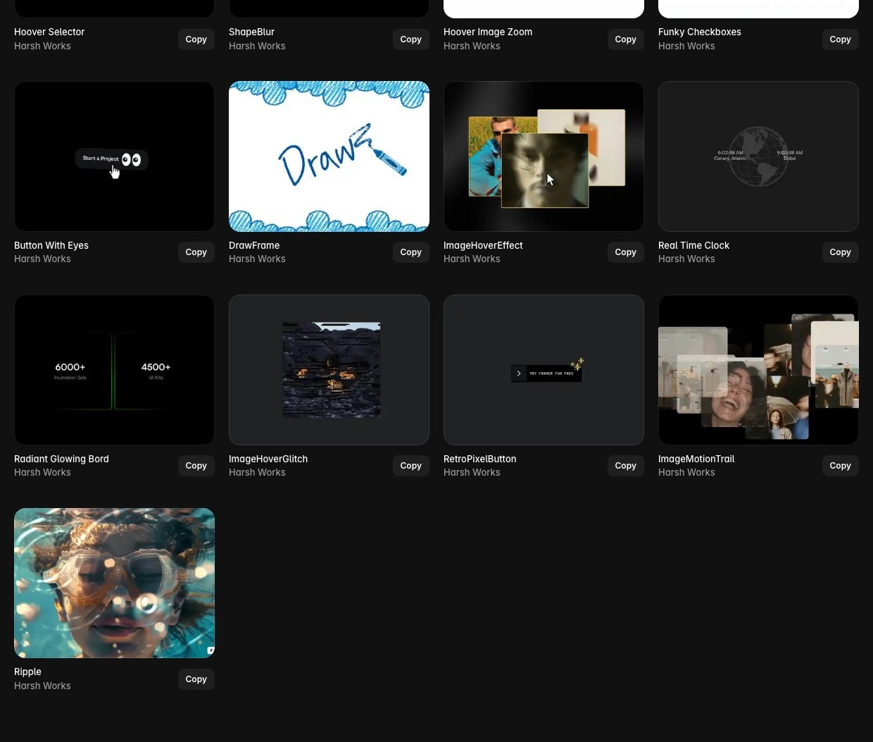 The rest of the component library, the hover, motion and button effects through to Ripple, each with a copy button
