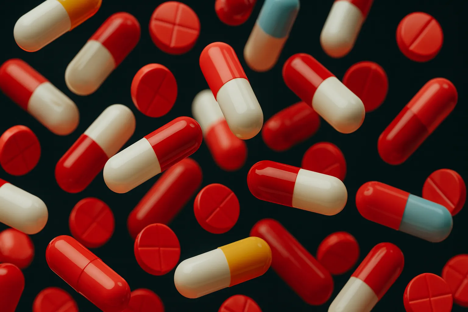 L-Glutamine - Red and white L-Glutamine capsules and tablets floating on a dark background